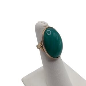 Vintage Green Glass Ring Adjustable, US Size 4, Gold Tone, 1960s